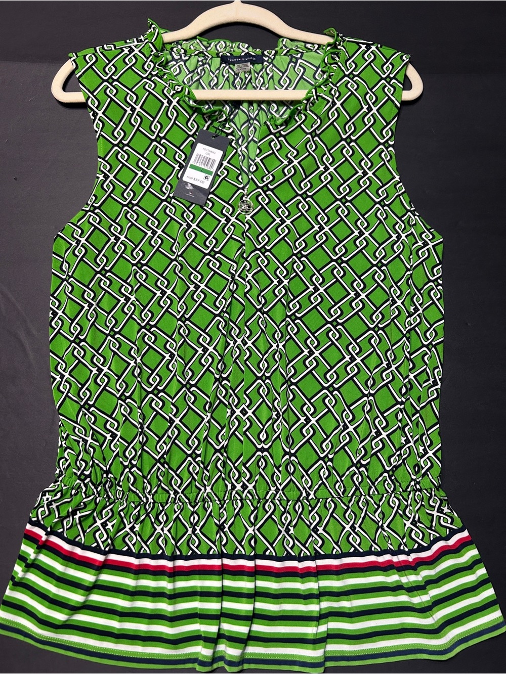 Tommy Hilfiger green pattern blouse with ruffle trim and striped hem, size L